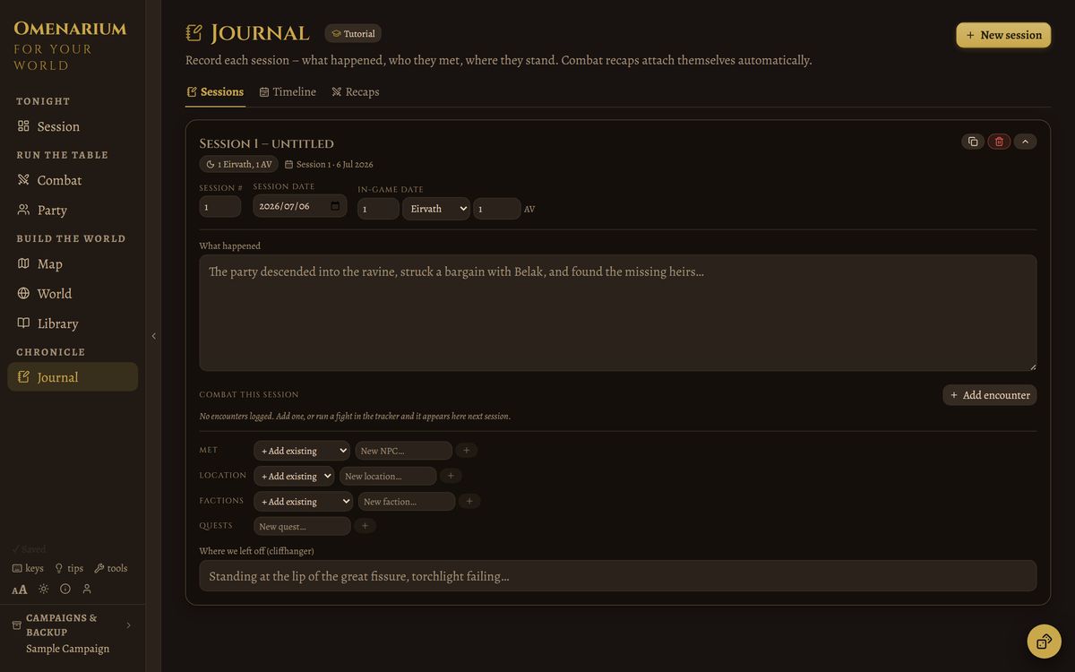 A session journal entry with in-game date, tags for NPCs and places, and a cliffhanger field.