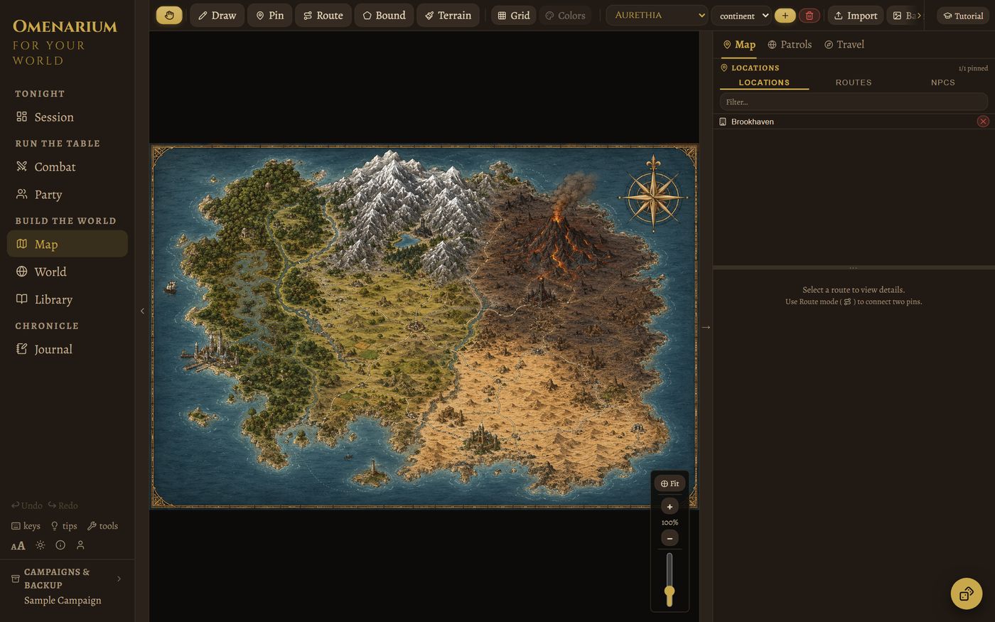 The Omenarium desktop app on the Map page: a full painted fantasy continent with the world panel, toolbar and navigation around it.
