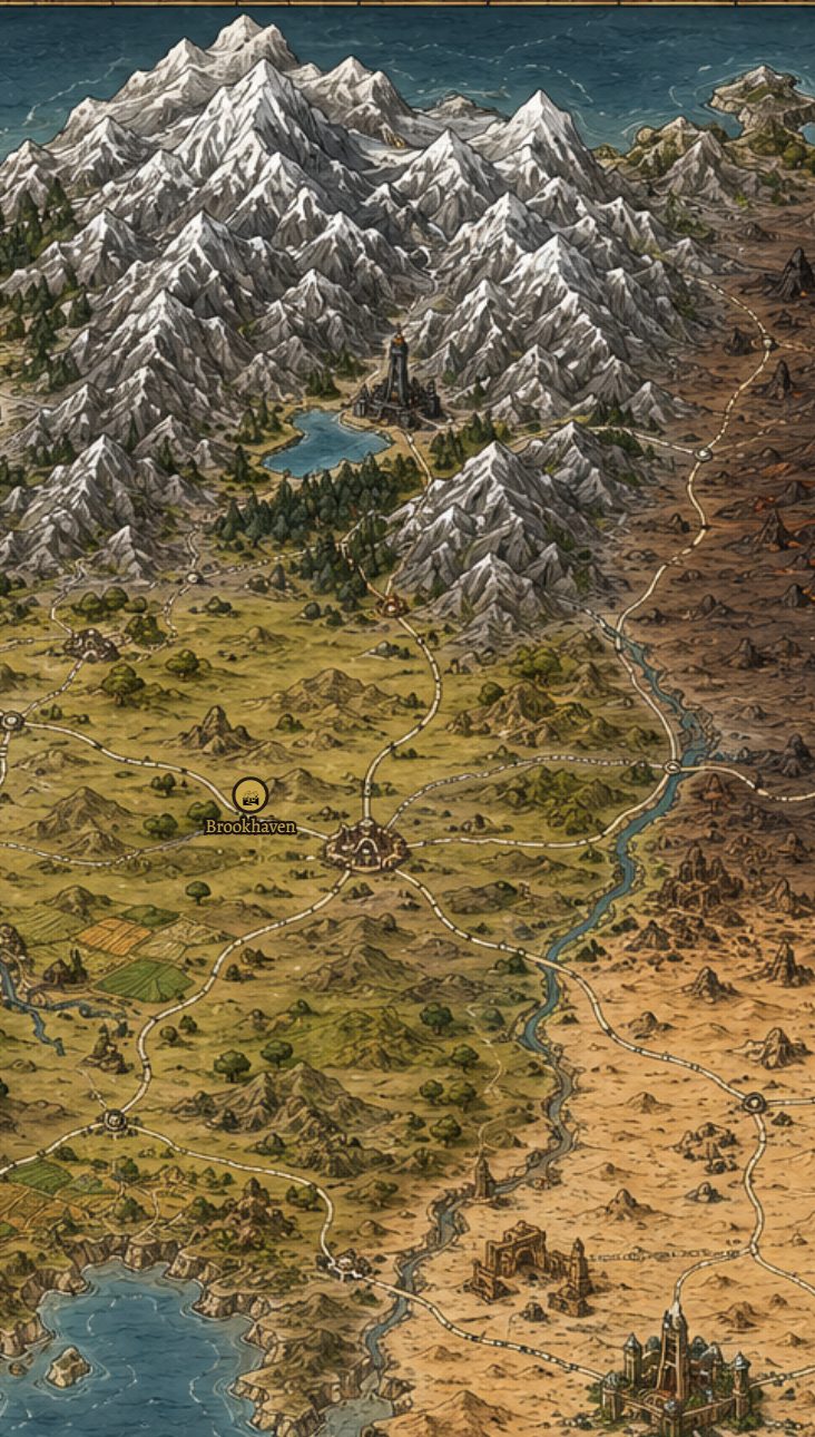 A hand-drawn style fantasy region map inside Omenarium, showing mountains, a pinned town, roads and rivers.